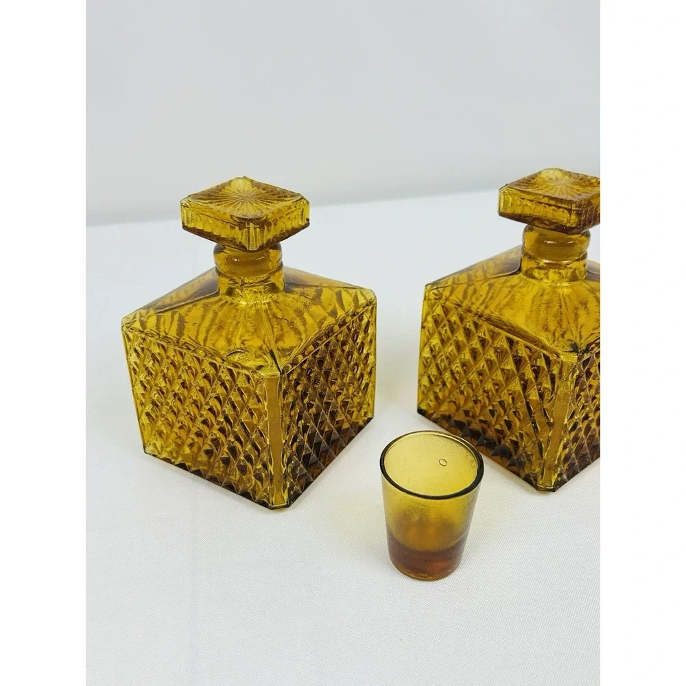 Vintage Amber Square Diamond Point Decanters Glass Stopper Shot Glass MCM Set